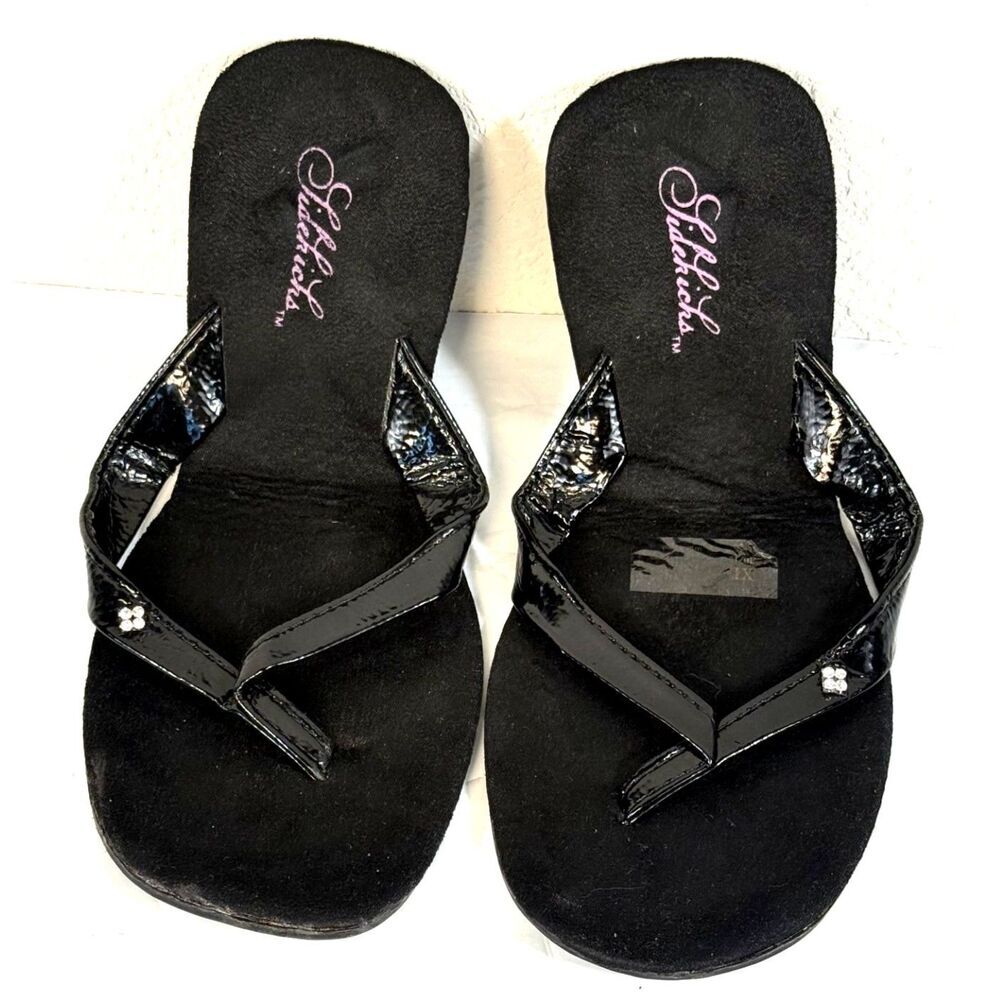 Sidekicks Foldable Travel Flip Flops Sandals Black Patent Rhinestone Women's XL